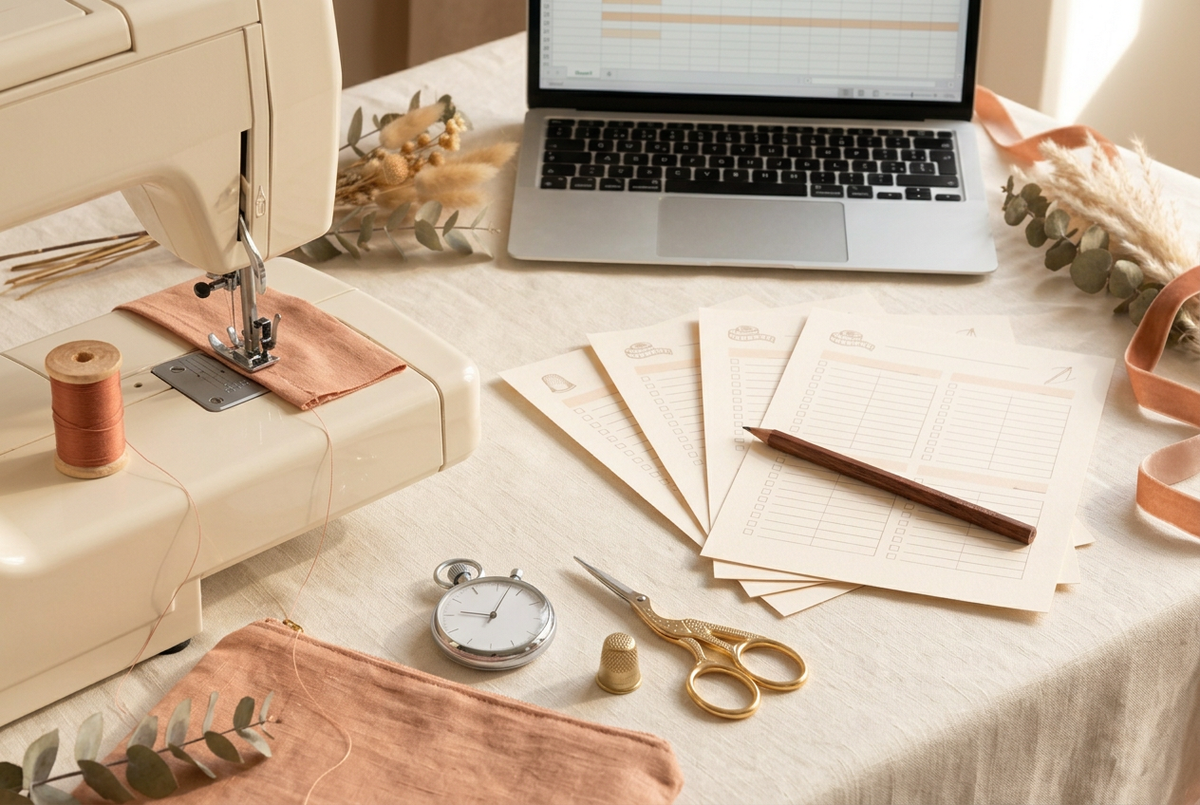 Atelier de couture avec machine à coudre, chronomètre, fiches de suivi et ordinateur affichant un tableur.