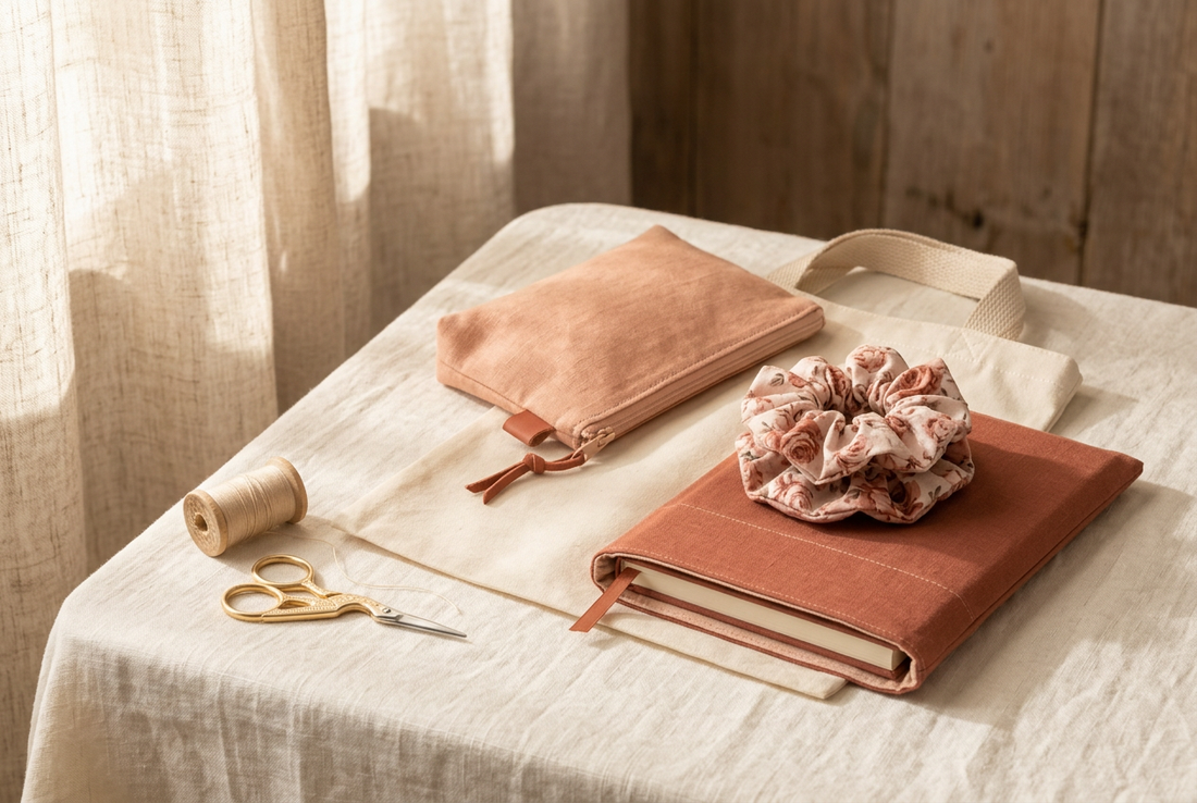Pochette zippée pêche, sac en toile écrue, chouchou fleuri et protège-carnet terracotta sur une table de couture.