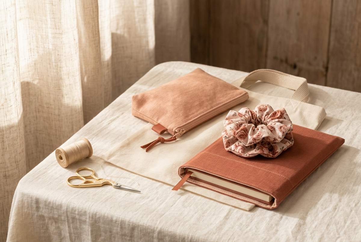 Pochette zippée pêche, sac en toile écrue, chouchou fleuri et protège-carnet terracotta sur une table de couture.