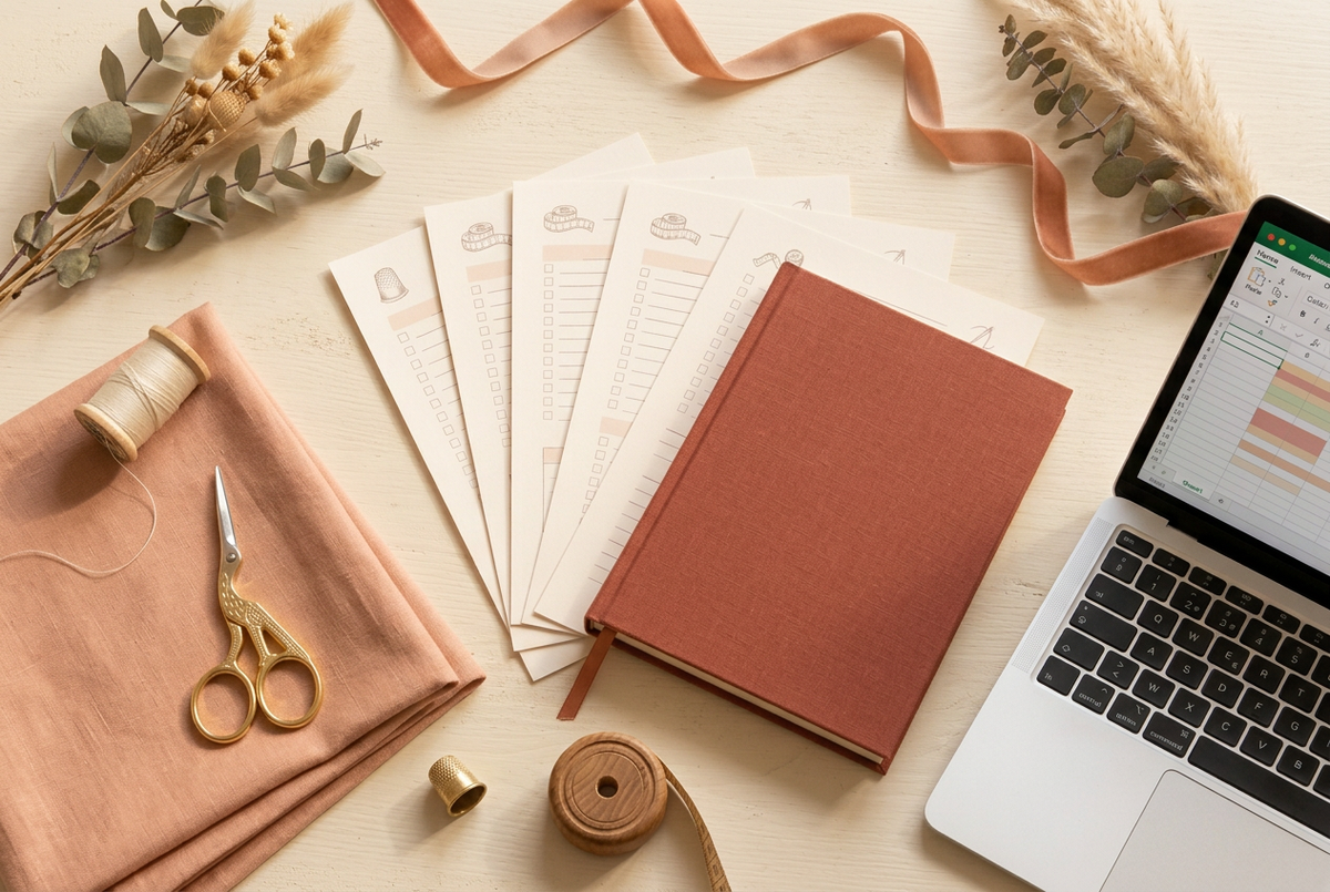 Fiches de travail, carnet terracotta et ordinateur affichant un tableur, entourés de tissu et d’outils de couture.