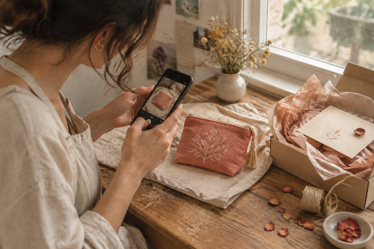 Une créatrice photographie une pochette brodée terracotta avec son téléphone, près d’une boîte d’emballage.