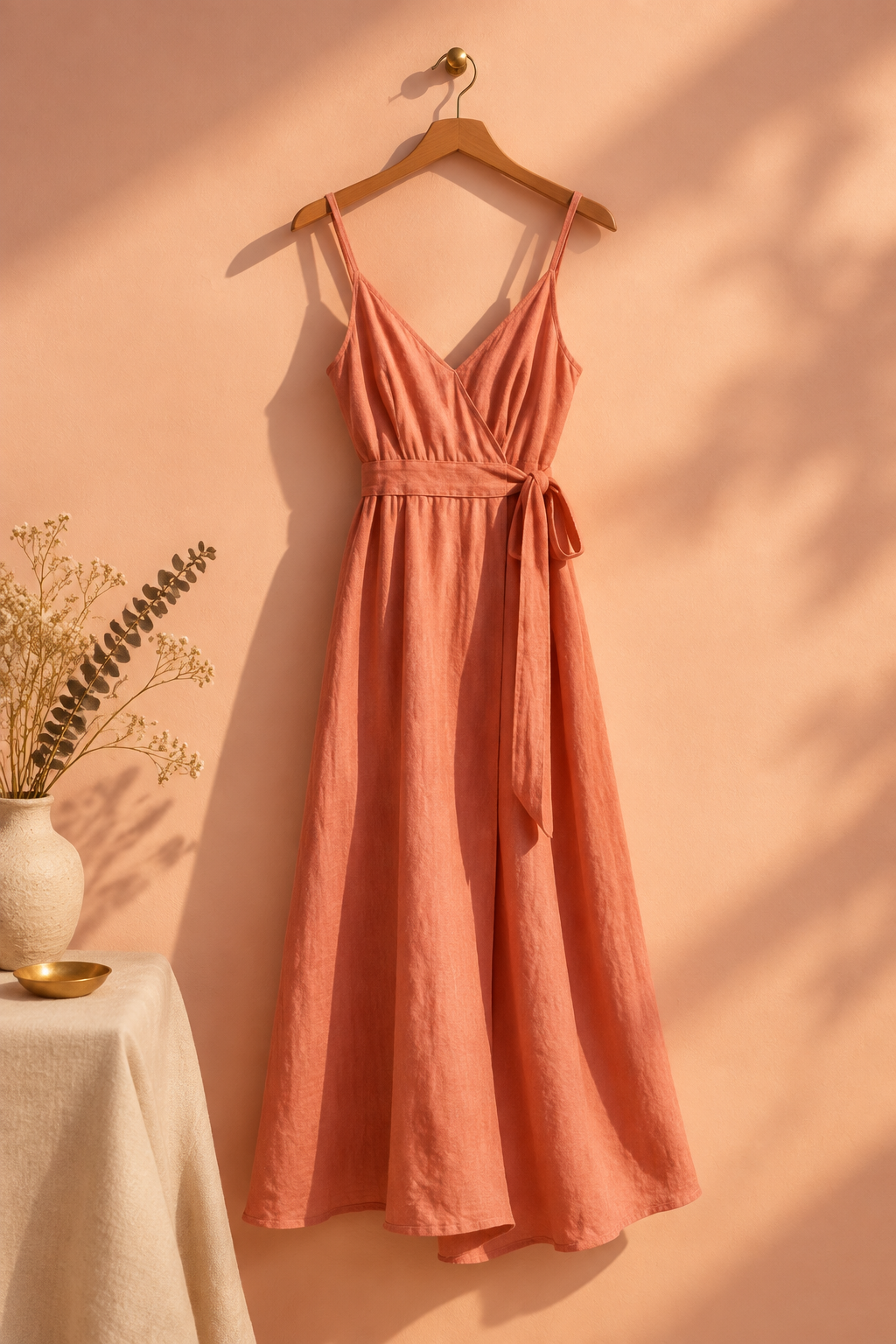 Robe longue corail à fines bretelles et taille nouée, suspendue à un cintre en bois sur un mur pêche.