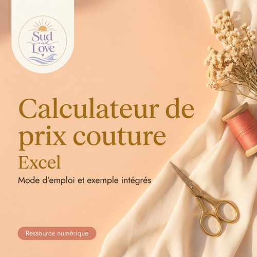 Calculateur de prix couture Excel Sud & Love, avec mode d'emploi et exemple intégrés.