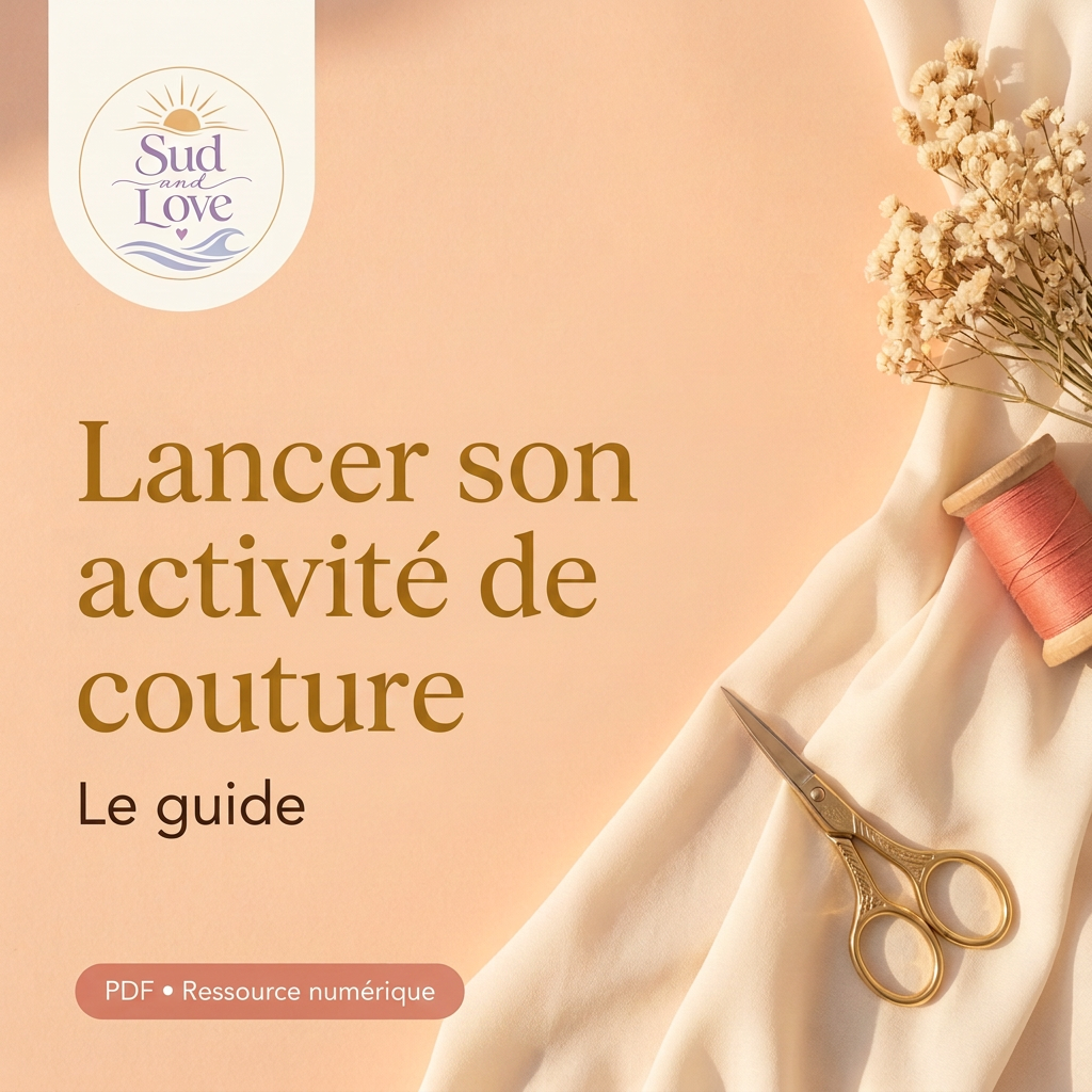 Guide Lancer son activité de couture de Sud & Love, sur fond couture crème et pêche.