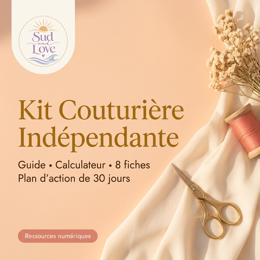 Kit Couturière Indépendante Sud & Love : guide, calculateur, huit fiches et plan d'action de 30 jours.