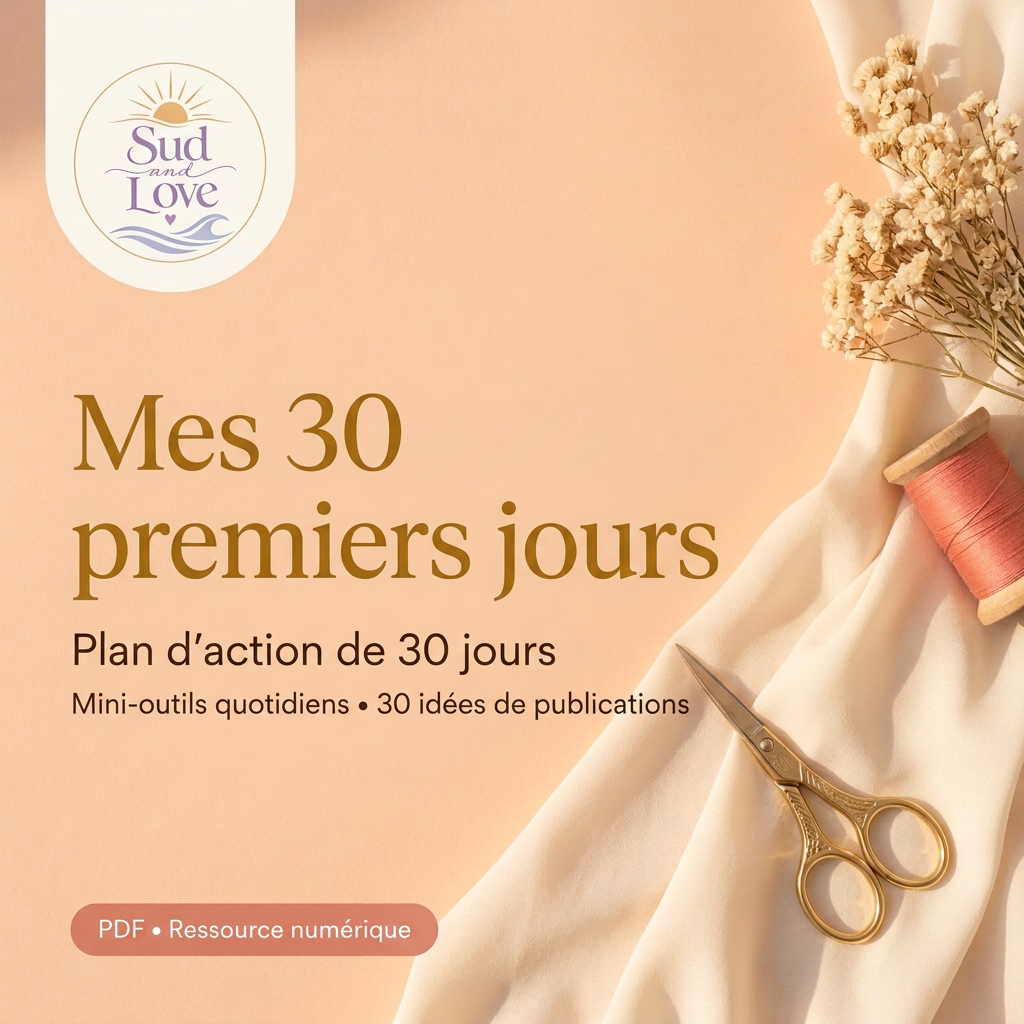 Mes 30 premiers jours, plan d'action couture Sud & Love avec mini-outils quotidiens et 30 idées de publications.